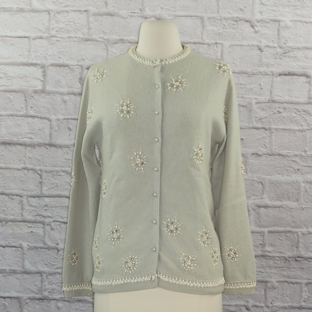Vintage 50s Lambswool Angora Beaded Rhinestone Pearl Cardigan Sweater